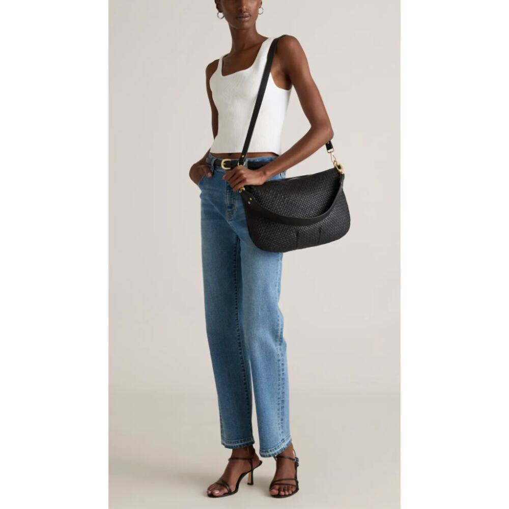 Quince NEW Italian Leather Convertible Crescent Handwoven Black Shoulder Bag - Picture 4 of 8